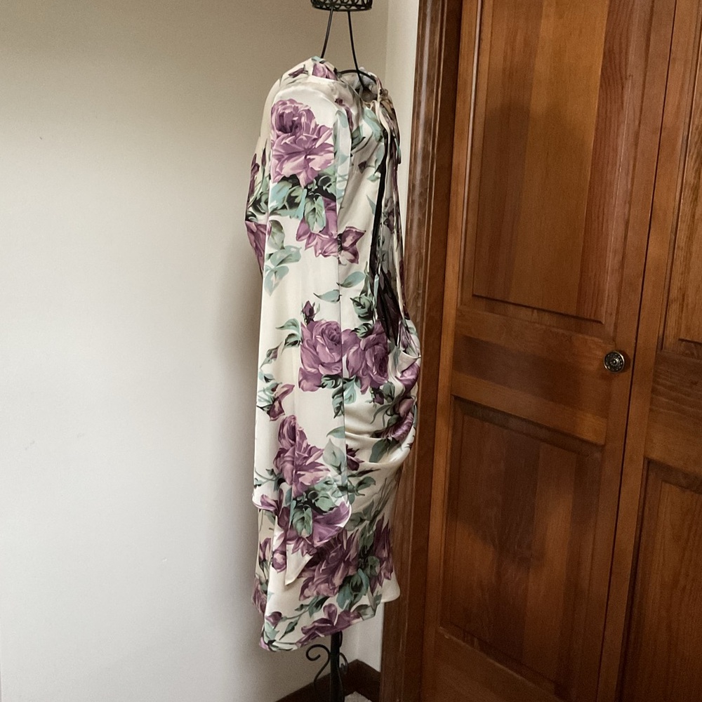 Lulus Sweet RSVP Cream Floral Satin Backless Long Sleeve Mini Dress, Medium - Picture 5 of 10